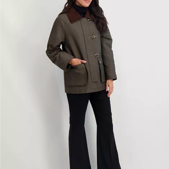 Tahari Taylor barn jacket green cotton-blend corduroy collar gold toggles Medium - Picture 5 of 13